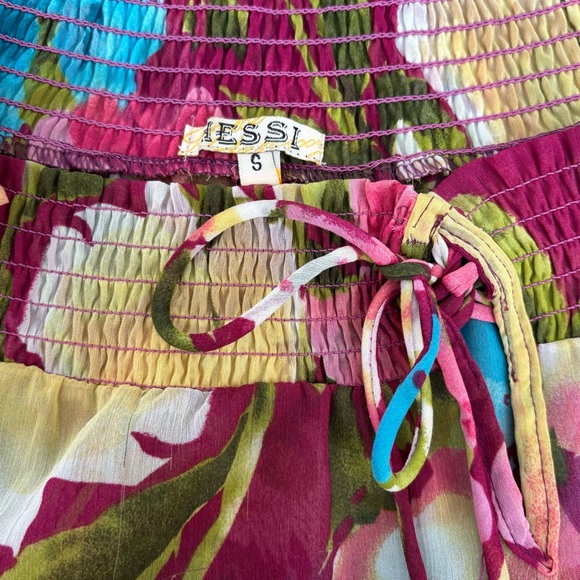 Hessi Pink/Blue/Green/Yellow Floral SheetSmocked Women's Top Size Small - Picture 4 of 8